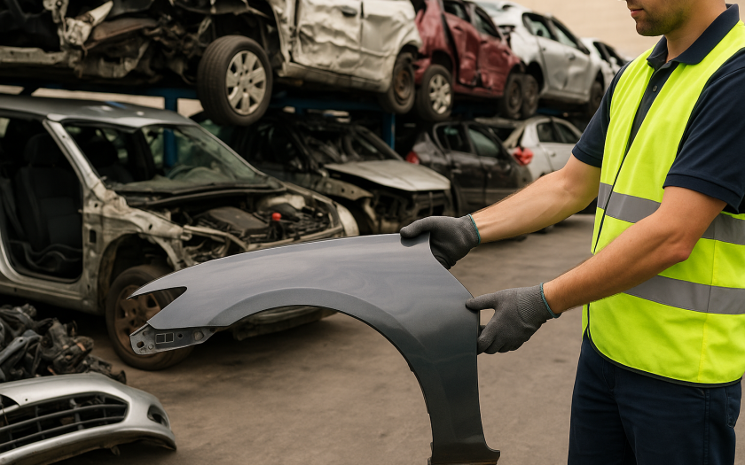 Funcionário em centro de reciclagem automotiva inspeciona paralama reaproveitado, com pilha de carros desmontados ao fundo, ilustrando a prática da economia circular na lataria automotiva.