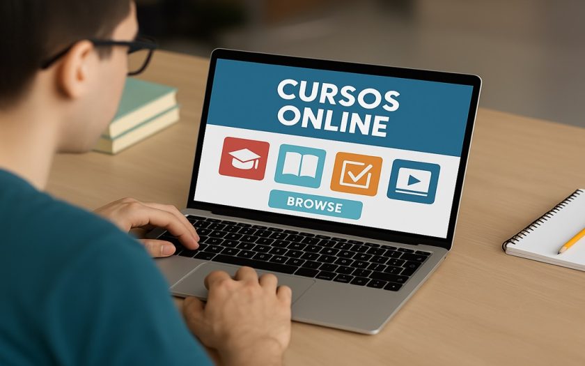 Tela de laptop exibindo cursos online com ícones de conteúdo educacional
