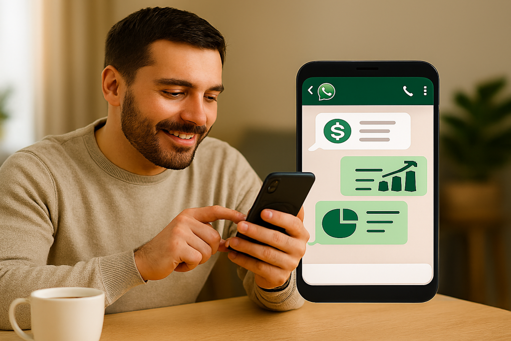 Pessoa usando aplicativo de mensagens com ícones financeiros na tela do celular